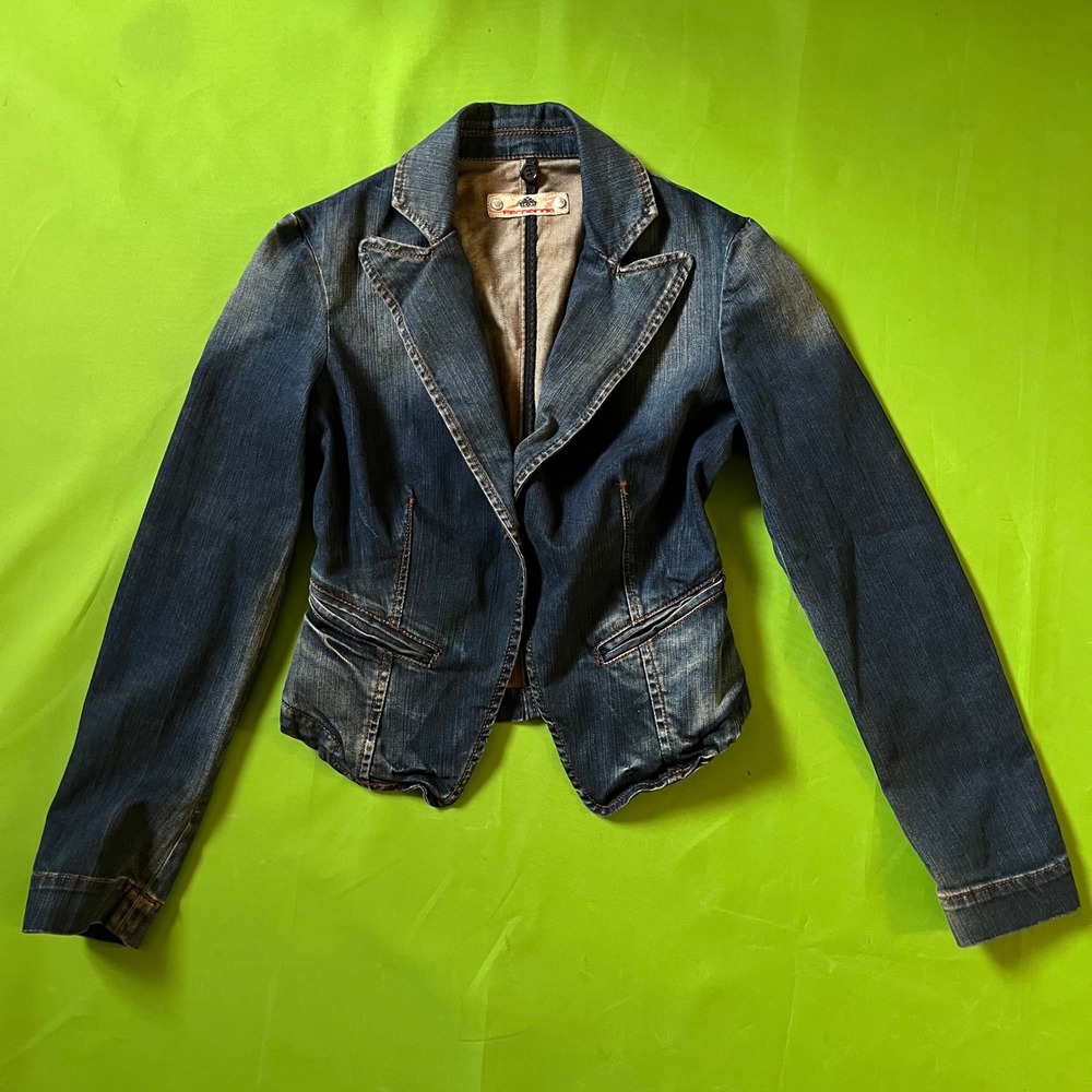 Fornarina Denim Blazer Jacket Studded Leather Elbow Patches Blue Womens Vintage